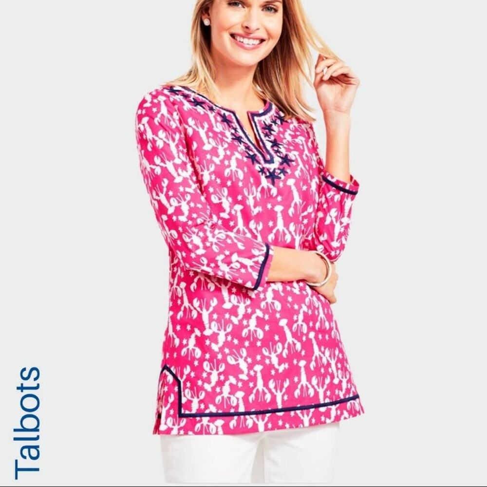TALBOTS Pink Lobster Print Tunic Top XS NWT Coastal Preppy - Picture 10 of 11
